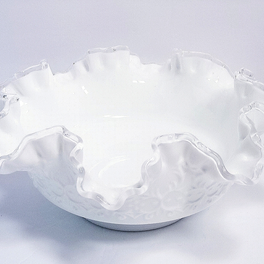 Fenton Ruffled Edge White Milk Glass Clear Edge Bowl